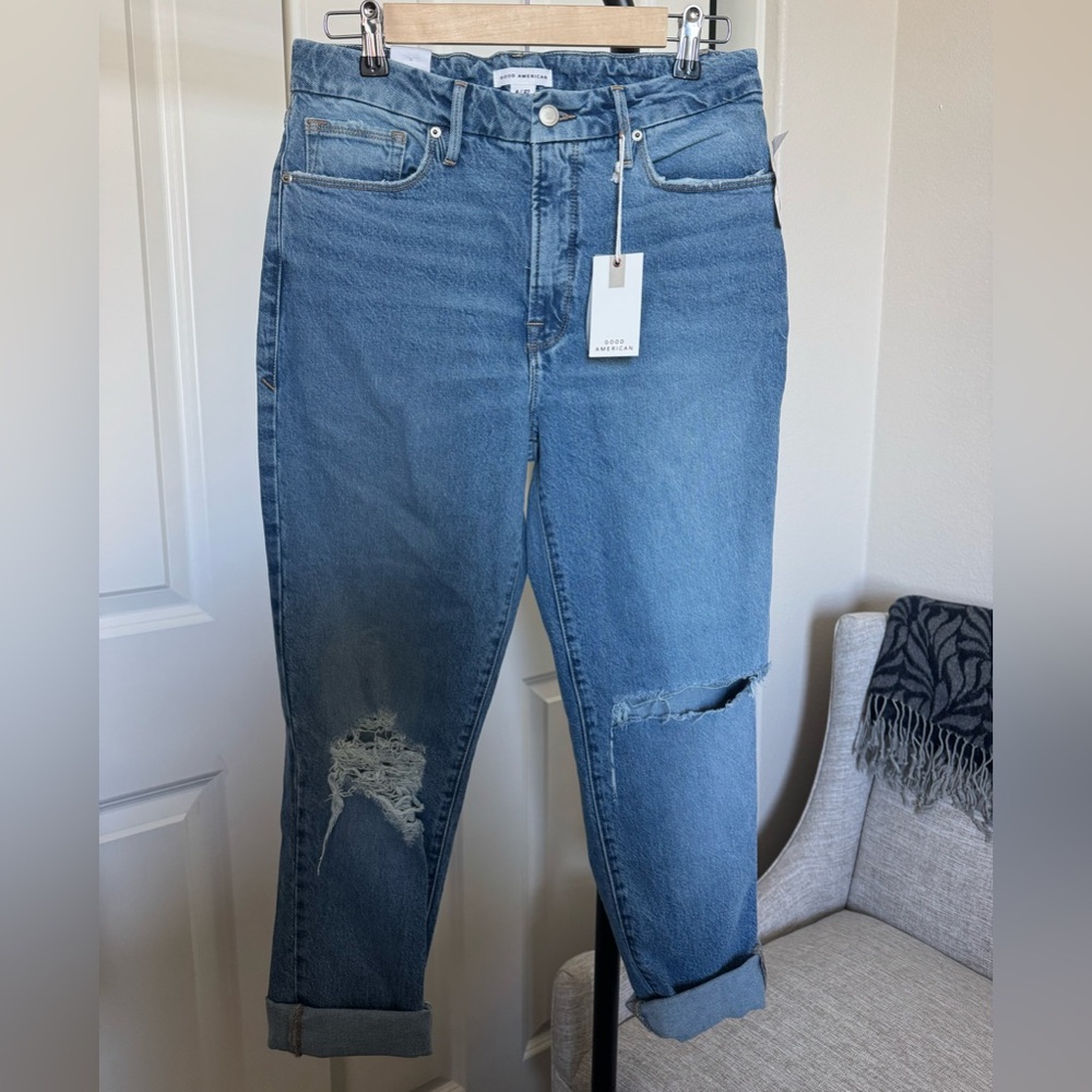 Good American Distressed Straight Jeans Size 4 / 27 Indigo Wash NWT